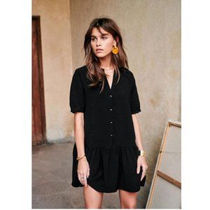 SEZANE Black Ruffle Hem V Neck Short Sleeve Lenitta Dress - Size 34 / 2